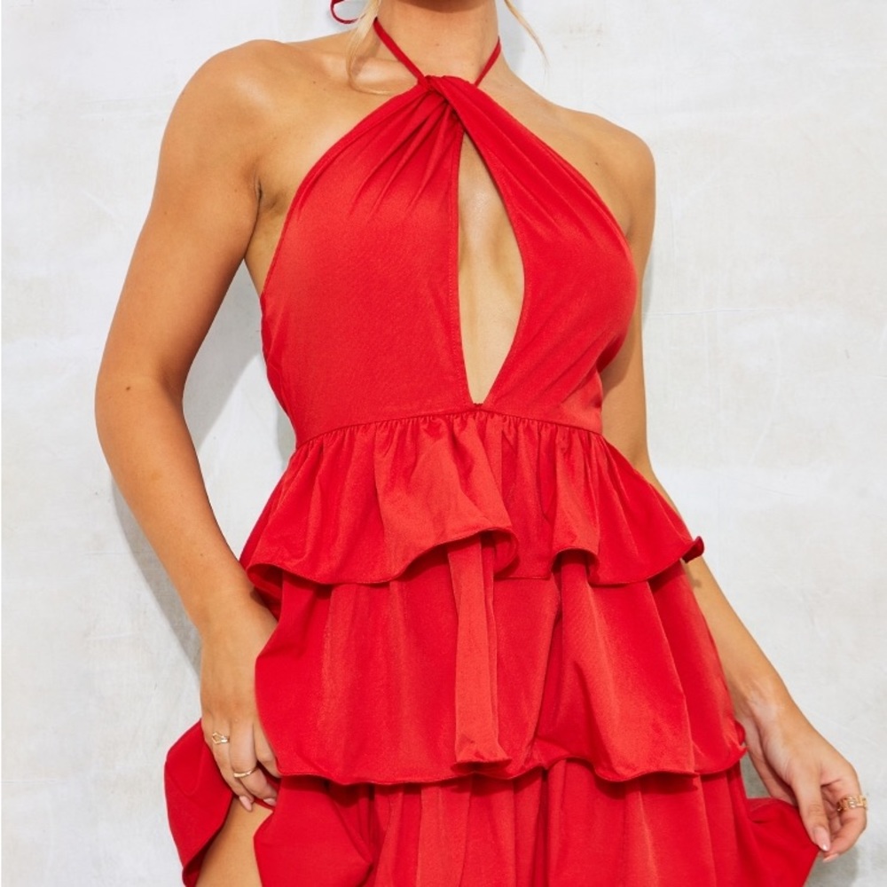 Red Tiered Skirt Halterneck
Skater Dress